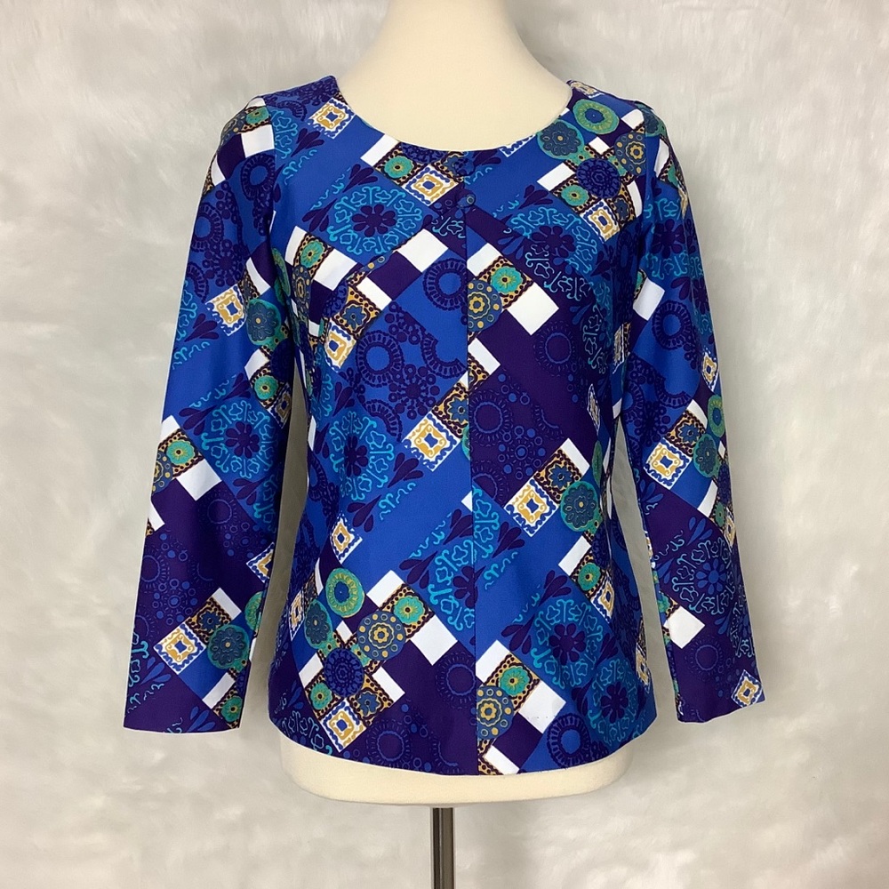 Vintage 60s 70s Blue Long Sleeve Hawaiian Blouse S
